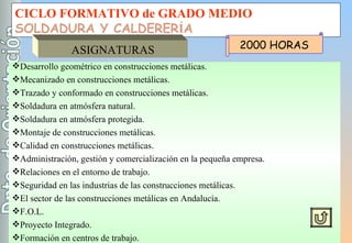 CICLO FORMATIVO de GRADO MEDIO SOLDADURA Y CALDERER Í A ASIGNATURAS Desarrollo geométrico en construcciones metálicas. Mecanizado en construcciones metálicas. Trazado y conformado en construcciones metálicas. Soldadura en atmósfera natural. Soldadura en atmósfera protegida. Montaje de construcciones metálicas. Calidad en construcciones metálicas. Administración, gestión y comercialización en la pequeña empresa. Relaciones en el entorno de trabajo. Seguridad en las industrias de las construcciones metálicas. El sector de las construcciones metálicas en Andalucía. F.O.L. Proyecto Integrado. Formación en centros de trabajo. 2000 HORAS 