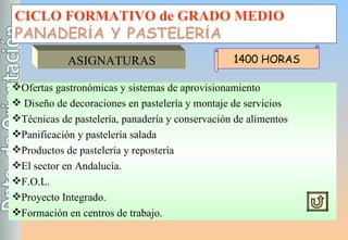 CICLO FORMATIVO de GRADO MEDIO PANADER Í A Y PASTELER Í A ASIGNATURAS Ofertas gastronómicas y sistemas de aprovisionamiento Diseño de decoraciones en pastelería y montaje de servicios Técnicas de pastelería, panadería y conservación de alimentos Panificación y pastelería salada Productos de pastelería y repostería  El sector en Andalucía. F.O.L. Proyecto Integrado. Formación en centros de trabajo. 1400 HORAS 