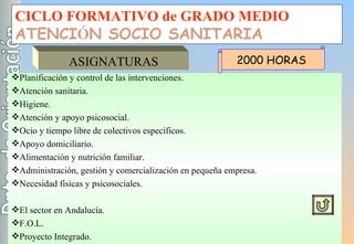 CICLO FORMATIVO de GRADO MEDIO ATENCI Ó N SOCIO SANITARIA Planificación y control de las intervenciones. Atención sanitaria. Higiene. Atención y apoyo psicosocial. Ocio y tiempo libre de colectivos específicos. Apoyo domiciliario. Alimentación y nutrición familiar. Administración, gestión y comercialización en pequeña empresa. Necesidad físicas y psicosociales. El sector en Andalucía. F.O.L. Proyecto Integrado. Formación en centros de trabajo. ASIGNATURAS 2000 HORAS 