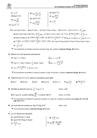 ALFONSO GONZÁLEZ
IES FERNANDO DE MENA. DPTO. DE MATEMÁTICAS
l)
3l n x
m) log (x
2
-y
2
)
n)
n
r
m
l o g
p q
o) −
2 2l o g m n
p) −
2 2
2 2
m x
l o g
m + x
q) ( )3
x10log
r)
2 3 5a b c
l o g
m p
s) log (x
n
y
m
)
t)
2 3
4
2 m n
l o g
p q
u)
x
l n
x
(Sol: a) 3 log 2+3 log x; b) log 2+3 log x; c) 2 log 2+2 log x-2 log y; d) ln a+2 ln x; e) 2 ln a+2 ln x; f) 1
lo g c
3
;
g) log m+log n+log p-log q-log r; h) 3
lo g a
4
; i) r log m+r log n-r log p; j) -1-ln x; k) lo g m + lo g n
2
; l) 3
ln x
2
;
m) log(x+y)+log(x-y); n) n lo g m - lo g p - r lo g q
2
; o) −lo g
(
m + n
)
+ lo g
(
m n
)
2
; p) − − 2 21
lo g
(
m + x
)
+ lo g
(
m x
)
lo g
(
m + x
)
2
q) 1 + lo g x
3
; r) − −2 lo g a + 3 lo g b + 5 lo g c lo g m lo g p
2
; s) n log x+m log y; t) log 2+2 log m+3 log n-log p-4 log q
u) −
1
ln x
2
)
Se recomienda ver también el ejercicio resuelto 3 pág. 36 y realizar el ejercicio 60 pág. 48 del libro.
13. Obtener x en las siguientes expresiones:
a)
l o g x = 1 + 2 l o g a
( )
b) −
1
l o g x = 2
(
l o g a + 3 l o g b
)
(
2 l o g c + l o g d
)
2 ( )
c) − −
l n a + 2 l n b
l n x = 3
(
2 l n a l n b
)
2
Se recomienda ver también el ejercicio resuelto 12 pág. 44 del libro, y realizar el ejercicio 55 pág. 48 del libro.
.
14. Sabiendo que x=7 e y=3, utilizar la calculadora para hallar:
a) log x
2
b) log (2x) c) log
2
x d) log (x+y) e) log x + y f)
x + y
l o g
2 g)
l o g( x + y
)
2
15. a) Hallar a sabiendo que (Soluc: a=49)
b) Si log4 N=3, ¿cuánto vale ? ¿Cuánto vale N? (Soluc: -8; N=64)
Se recomienda ver también los ejercicios resueltos 3 y 4 pág. 36, y realizar los ejercicios 4 y 5 pág. 36, y 57 y 58
pág. 48 del libro.
16. ¿En qué base se cumple que loga 12+loga 3=2? (Soluc: a=6)
Se recomienda realizar el ejercicio 63 pág. 49 del libro.
17. ¿V o F? Razona la respuesta:
a) log (A+B)=log A + log B
b) log (A2
+B2
)=2log A+ 2log B
c)
l n 2 x
= l n x
2
d)
2 x
l n = l n x
2
e)
A B l o g
(
A B
)
l o g =
C l o g C
2S o lu c : x = 1 0 a
7 7
a
l o g + l o g b = 2
b
3
4 3
N
l o g
N
2 6a b
S o lu c : x =
c d
 