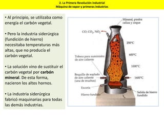 2. La Primera Revolución industrial
Máquina de vapor y primeras industrias
• Al principio, se utilizaba como
energía el carbón vegetal.
• Pero la industria siderúrgica
(fundición de hierro)
necesitaba temperaturas más
altas, que no producía el
carbón vegetal.
• La solución vino de sustituir el
carbón vegetal por carbón
mineral. De esta forma,
nacieron los altos hornos.
• La industria siderúrgica
fabricó maquinarias para todas
las demás industrias.
 