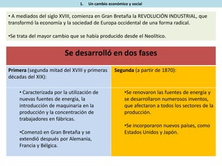 1. Un cambio económico y social
• A mediados del siglo XVIII, comienza en Gran Bretaña la REVOLUCIÓN INDUSTRIAL, que
transformó la economía y la sociedad de Europa occidental de una forma radical.
•Se trata del mayor cambio que se había producido desde el Neolítico.
Se desarrolló en dos fases
Primera (segunda mitad del XVIII y primeras
décadas del XIX):
Segunda (a partir de 1870):
• Caracterizada por la utilización de
nuevas fuentes de energía, la
introducción de maquinaria en la
producción y la concentración de
trabajadores en fábricas.
•Comenzó en Gran Bretaña y se
extendió después por Alemania,
Francia y Bélgica.
•Se renovaron las fuentes de energía y
se desarrollaron numerosos inventos,
que afectaron a todos los sectores de la
producción.
•Se incorporaron nuevos países, como
Estados Unidos y Japón.
 