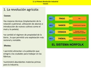 2. La Primera Revolución industrial
Causas
1. La revolución agrícola:
Causas:
•las mejoras técnicas (implantación de la
rotación cuatrienal, utilización de abonos e
introducción de nuevos cultivos como el
maíz y la patata).
•se cambió el régimen de propiedad de la
tierra , lo que permitió una explotación más
racional y rentable.
Efectos:
• permitió alimentar a la población que
emigró a las ciudades para trabajar en las
fábricas.
•suministró abundantes materias primas
para la industria.
 