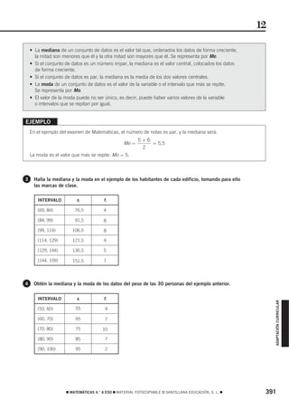 12

    • La mediana de un conjunto de datos es el valor tal que, ordenados los datos de forma creciente,
      la mitad son menores que él y la otra mitad son mayores que él. Se representa por Me.
    • Si el conjunto de datos es un número impar, la mediana es el valor central, colocados los datos
      de forma creciente.
    • Si el conjunto de datos es par, la mediana es la media de los dos valores centrales.
    • La moda de un conjunto de datos es el valor de la variable o el intervalo que más se repite.
      Se representa por Mo.
    • El valor de la moda puede no ser único, es decir, puede haber varios valores de la variable
      o intervalos que se repitan por igual.


EJEMPLO
    En el ejemplo del examen de Matemáticas, el número de notas es par, y la mediana será:
                                                         5+6
                                                  Me =       = 5,5
                                                          2
    La moda es el valor que más se repite: Mo = 5.



3    Halla la mediana y la moda en el ejemplo de los habitantes de cada edificio, tomando para ello
     las marcas de clase.

       INTERVALO          xi            fi

       [69, 84)          76,5           4

       [84, 99)          91,5           8

       [99, 114)        106,5           8

       [114, 129)       121,5           4

       [129, 144)       136,5           5

       [144, 159)       151,5           1




4    Obtén la mediana y la moda de los datos del peso de las 30 personas del ejemplo anterior.

       INTERVALO          xi            fi
                                                                                                             ADAPTACIÓN CURRICULAR




       [50, 60)          55             4

       [60, 70)          65             7

       [70, 80)          75            10

       [80, 90)          85             7

       [90, 100)         95             2




                     ࡯ MATEMÁTICAS 4.° A ESO ࡯ MATERIAL FOTOCOPIABLE © SANTILLANA EDUCACIÓN, S. L. ࡯     391
 