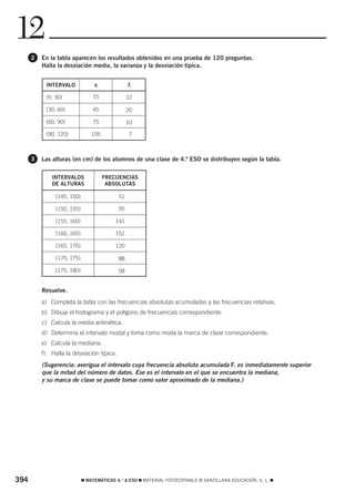 12
      2   En la tabla aparecen los resultados obtenidos en una prueba de 120 preguntas.
          Halla la desviación media, la varianza y la desviación típica.


           INTERVALO             xi             fi

           [0, 30)              15              12

           [30, 60)             45              20

           [60, 90)             75              10

           [90, 120)            105             7



      3   Las alturas (en cm) de los alumnos de una clase de 4.º ESO se distribuyen según la tabla.

              INTERVALOS              FRECUENCIAS
              DE ALTURAS               ABSOLUTAS

               [145, 150)                  51

               [150, 155)                  95

               [155, 160)                 141

               [160, 165)                 152

               [165, 170)                 120

               [170, 175)                  88

               [175, 180)                  58


          Resuelve.
          a) Completa la tabla con las frecuencias absolutas acumuladas y las frecuencias relativas.
          b) Dibuja el histograma y el polígono de frecuencias correspondiente.
          c) Calcula la media aritmética.
          d) Determina el intervalo modal y toma como moda la marca de clase correspondiente.
          e) Calcula la mediana.
          f) Halla la desviación típica.
          (Sugerencia: averigua el intervalo cuya frecuencia absoluta acumulada Fi es inmediatamente superior
          que la mitad del número de datos. Ese es el intervalo en el que se encuentra la mediana,
          y su marca de clase se puede tomar como valor aproximado de la mediana.)




394                         ࡯ MATEMÁTICAS 4.° A ESO ࡯ MATERIAL FOTOCOPIABLE © SANTILLANA EDUCACIÓN, S. L. ࡯
 