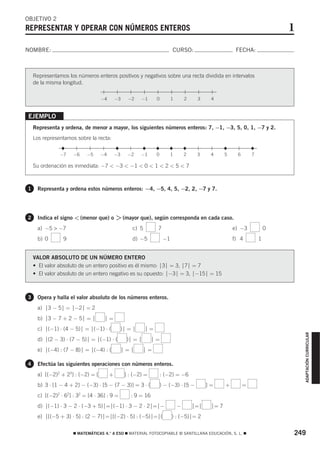 OBJETIVO 2
REPRESENTAR Y OPERAR CON NÚMEROS ENTEROS                                                                                      1
NOMBRE:                                                                   CURSO:                         FECHA:



    Representamos los números enteros positivos y negativos sobre una recta dividida en intervalos
    de la misma longitud.

                                  −4       −3      −2    −1     0         1       2    3     4


EJEMPLO
    Representa y ordena, de menor a mayor, los siguientes números enteros: 7, −1, −3, 5, 0, 1, −7 y 2.
    Los representamos sobre la recta:

               −7    −6    −5     −4       −3     −2     −1     0         1       2    3     4      5     6       7

    Su ordenación es inmediata: −7 < −3 < −1 < 0 < 1 < 2 < 5 < 7



1    Representa y ordena estos números enteros: −4, −5, 4, 5, −2, 2, −7 y 7.




2    Indica el signo < (menor que) o       > (mayor que), según corresponda en cada caso.
     a) −5 > −7                                     c) 5        7                                       e) −3             0
     b) 0       9                                   d) −5            −1                                 f) 4          1


    VALOR ABSOLUTO DE UN NÚMERO ENTERO
    • El valor absoluto de un entero positivo es él mismo: ⏐3⏐ = 3, ⏐7⏐ = 7
    • El valor absoluto de un entero negativo es su opuesto: ⏐−3⏐ = 3, ⏐−15⏐ = 15



3    Opera y halla el valor absoluto de los números enteros.
     a) ⏐3 − 5⏐ = ⏐−2⏐ = 2
     b) ⏐3 − 7 + 2 − 5⏐ = ⏐        ⏐=

     c) ⏐(−1) ⋅ (4 − 5)⏐ = ⏐(−1) ⋅ (            )⏐ = ⏐     ⏐=
                                                                                                                                  ADAPTACIÓN CURRICULAR




     d) ⏐(2 − 3) ⋅ (7 − 5)⏐ = ⏐(−1) ⋅ (           )⏐ = ⏐       ⏐=

     e) ⏐(−4) : (7 − 8)⏐ = ⏐(−4) : (            ⏐=⏐        ⏐=

4    Efectúa las siguientes operaciones con números enteros.
     a) [(−2)2 + 23] : (−2) = [        +         ] : (−2) =         : (−2) = −6
     b) 3 ⋅ [1 − 4 + 2] − (−3) ⋅ [5 − (7 − 3)] = 3 ⋅ (              ) − (−3) ⋅ [5 −         ]=      +         =
     c) [(−2)2 ⋅ 62] : 32 = [4 ⋅ 36] : 9 =          : 9 = 16
     d) ⏐(−1) ⋅ 3 − 2 ⋅ (−3 + 5)⏐=⏐(−1) ⋅ 3 − 2 ⋅ 2⏐=⏐−                       −       ⏐=⏐    ⏐= 7

     e) ⏐[(−5 + 3) ⋅ 5] : (2 − 7)⏐=⏐[(−2) ⋅ 5] : (−5)⏐=⏐(                 ) : (−5)⏐= 2

                     ࡯ MATEMÁTICAS 4.° A ESO ࡯ MATERIAL FOTOCOPIABLE © SANTILLANA EDUCACIÓN, S. L. ࡯                          249
 