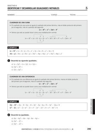 OBJETIVO 6
IDENTIFICAR Y DESARROLLAR IGUALDADES NOTABLES                                                              5
NOMBRE:                                                             CURSO:                      FECHA:



    CUADRADO DE UNA SUMA
    • El cuadrado de una suma es igual al cuadrado del primer término, más el doble producto del primero
      por el segundo, más el cuadrado del segundo:
                                            (a + b)2 = a 2 + 2ab + b 2
    • Vemos que esto se puede hacer como una multiplicación normal:



                                                  F

                                                      F




                                                                                         F
                                                                 Ά
                           (a + b)2 = (a + b) ⋅ (a + b) = a 2 + ab + ab + b 2 = a 2 + 2ab + b 2
                                                  F

                                                      F


EJEMPLO
    (x + 3)2 = (x + 3) ⋅ (x + 3) = x 2 + 3x + 3x + 9 = x 2 + 6x + 9
    (4x + y) = (4x + y) ⋅ (4x + y) = 16x 2 + 4xy + 4xy + y 2 = 16x 2 + 8xy + y 2



1     Desarrolla las siguientes igualdades.

      a) (x + 2y)2 = (x + 2y) ⋅ (x + 2y) =
      b) (3x 3 + 3)2 =
      c) (2x + 3y)2 =



    CUADRADO DE UNA DIFERENCIA
    • El cuadrado de una diferencia es igual al cuadrado del primer término, menos el doble producto
      del primero por el segundo, más el cuadrado del segundo:
                                              (a − b)2 = a 2 − 2ab + b 2
    • Vemos que esto se puede hacer como una multiplicación normal:
                                                 F

                                                      F




                                                                                         F
                                                                 Ά




                           (a − b)2 = (a − b) ⋅ (a − b) = a 2 − ab − ab + b 2 = a 2 − 2ab + b 2
                                                 F

                                                      F




                                                                                                               ADAPTACIÓN CURRICULAR




EJEMPLO
    (2y − 3)2 = (2y − 3) ⋅ (2y − 3) = 4y 2 − 6y − 6y + 9 = 4y 2 − 12y + 9
    (x 2 − 2) = (x 2 − 2) ⋅ (x 2 − 2) = x 4 − 2x 2 − 2x 2 + 4 = x 4 − 4x 2 + 4



2     Desarrolla las igualdades.

      a) (6x − 4y)2 = (6x − 4y) ⋅ (6x − 4y) =
      b) (5x 4 − 2)2 =
      c) (4x 3 − a2)2 =


                      ࡯ MATEMÁTICAS 4.° A ESO ࡯ MATERIAL FOTOCOPIABLE © SANTILLANA EDUCACIÓN, S. L. ࡯      299
 