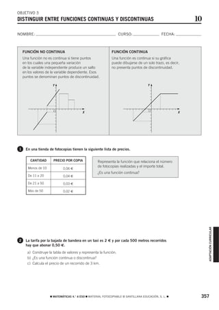 OBJETIVO 3
DISTINGUIR ENTRE FUNCIONES CONTINUAS Y DISCONTINUAS                                                         10
NOMBRE:                                                           CURSO:                       FECHA:



    FUNCIÓN NO CONTINUA                                       FUNCIÓN CONTINUA
    Una función no es continua si tiene puntos                Una función es continua si su gráfica
    en los cuales una pequeña variación                       puede dibujarse de un solo trazo, es decir,
    de la variable independiente produce un salto             no presenta puntos de discontinuidad.
    en los valores de la variable dependiente. Esos
    puntos se denominan puntos de discontinuidad.
                          5




                                                                                          5
                      Y                                                               Y




                                          5                                                             5
                       O                  X                                           O                 X




1    En una tienda de fotocopias tienen la siguiente lista de precios.

        CANTIDAD       PRECIO POR COPIA             Representa la función que relaciona el número
                                                    de fotocopias realizadas y el importe total.
       Menos de 10            0,06 €
                                                    ¿Es una función continua?
       De 11 a 20             0,04 €

       De 21 a 50             0,03 €

       Más de 50              0,02 €




                                                                                                                 ADAPTACIÓN CURRICULAR




2    La tarifa por la bajada de bandera en un taxi es 2 € y por cada 500 metros recorridos
     hay que abonar 0,50 €.
      a) Construye la tabla de valores y representa la función.
      b) ¿Es una función continua o discontinua?
      c) Calcula el precio de un recorrido de 3 km.




                     ࡯ MATEMÁTICAS 4.° A ESO ࡯ MATERIAL FOTOCOPIABLE © SANTILLANA EDUCACIÓN, S. L. ࡯         357
 
