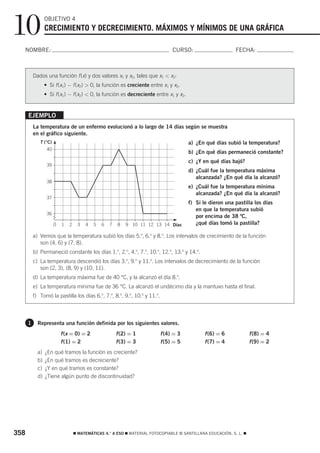 10               OBJETIVO 4
                 CRECIMIENTO Y DECRECIMIENTO. MÁXIMOS Y MÍNIMOS DE UNA GRÁFICA

  NOMBRE:                                                                       CURSO:                       FECHA:



          Dados una función f (x) y dos valores x1 y x2, tales que x1 < x2:
                 • Si f (x1) − f (x2) > 0, la función es creciente entre x1 y x2.
                 • Si f (x1) − f (x2) < 0, la función es decreciente entre x1 y x2.


      EJEMPLO
          La temperatura de un enfermo evolucionó a lo largo de 14 días según se muestra
          en el gráfico siguiente.
             T (°C)
                       5




                                                                                       a) ¿En qué días subió la temperatura?
                 40
                                                                                       b) ¿En qué días permaneció constante?
                                                                                       c) ¿Y en qué días bajó?
                  39
                                                                                       d) ¿Cuál fue la temperatura máxima
                                                                                          alcanzada? ¿En qué día la alcanzó?
                  38
                                                                                       e) ¿Cuál fue la temperatura mínima
                                                                                          alcanzada? ¿En qué día la alcanzó?
                  37
                                                                                       f) Si le dieron una pastilla los días
                                                                                          en que la temperatura subió
                  36
                                                                                          por encima de 38 ºC,
                                                                                5
                       0   1   2    3   4   5   6   7   8   9 10 11 12 13 14 Días         ¿qué días tomó la pastilla?

          a) Vemos que la temperatura subió los días 5.o, 6.o y 8.o. Los intervalos de crecimiento de la función
             son (4, 6) y (7, 8).
          b) Permaneció constante los días 1.o, 2.o, 4.o, 7.o, 10.o, 12.o, 13.o y 14.o.
          c) La temperatura descendió los días 3.o, 9.o y 11.o. Los intervalos de decrecimiento de la función
             son (2, 3), (8, 9) y (10, 11).
          d) La temperatura máxima fue de 40 °C, y la alcanzó el día 8.o.
          e) La temperatura mínima fue de 36 °C. La alcanzó el undécimo día y la mantuvo hasta el final.
          f) Tomó la pastilla los días 6.o, 7.o, 8.o, 9.o, 10.o y 11.o.



      1     Representa una función definida por los siguientes valores.
                           f (x = 0) = 2                f (2) = 1         f (4) = 3            f (6) = 6             f (8) = 4
                           f (1) = 2                    f (3) = 3         f (5) = 5            f (7) = 4             f (9) = 2
            a)   ¿En qué tramos la función es creciente?
            b)   ¿En qué tramos es decreciente?
            c)   ¿Y en qué tramos es constante?
            d)   ¿Tiene algún punto de discontinuidad?




358                                ࡯ MATEMÁTICAS 4.° A ESO ࡯ MATERIAL FOTOCOPIABLE © SANTILLANA EDUCACIÓN, S. L. ࡯
 