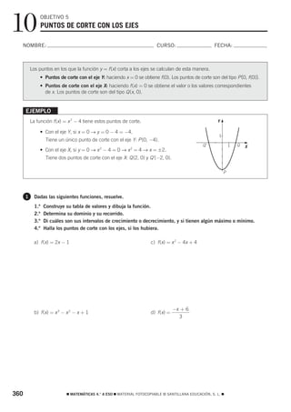 10             OBJETIVO 5
                  PUNTOS DE CORTE CON LOS EJES

  NOMBRE:                                                                 CURSO:                       FECHA:



          Los puntos en los que la función y = f (x) corta a los ejes se calculan de esta manera.
               • Puntos de corte con el eje Y: haciendo x = 0 se obtiene f (0). Los puntos de corte son del tipo P (0, f (0)).
               • Puntos de corte con el eje X: haciendo f (x) = 0 se obtiene el valor o los valores correspondientes
                 de x. Los puntos de corte son del tipo Q (x, 0).


      EJEMPLO
          La función f (x) = x 2 − 4 tiene estos puntos de corte.




                                                                                                            5
                                                                                                        Y

               • Con el eje Y, si x = 0 → y = 0 − 4 = −4.
                                                                                                         1
                   Tiene un único punto de corte con el eje Y: P (0, −4).                                                5
                                                                                                 Q'              1   Q   X
               • Con el eje X, si y = 0 → x − 4 = 0 → x = 4 → x = ±2.
                                             2               2


                   Tiene dos puntos de corte con el eje X: Q (2, 0) y Q'(−2, 0).

                                                                                                             P




      1     Dadas las siguientes funciones, resuelve.
            1.º   Construye su tabla de valores y dibuja la función.
            2.º   Determina su dominio y su recorrido.
            3.º   Di cuáles son sus intervalos de crecimiento o decrecimiento, y si tienen algún máximo o mínimo.
            4.º   Halla los puntos de corte con los ejes, si los hubiera.

            a) f (x) = 2x − 1                                          c) f (x) = x 2 − 4x + 4




                                                                                    −x + 6
            b) f (x) = x 3 − x 2 − x + 1                               d) f (x) =
                                                                                      3




360                          ࡯ MATEMÁTICAS 4.° A ESO ࡯ MATERIAL FOTOCOPIABLE © SANTILLANA EDUCACIÓN, S. L. ࡯
 