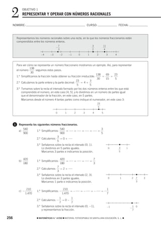 2             OBJETIVO 1
                REPRESENTAR Y OPERAR CON NÚMEROS RACIONALES

  NOMBRE:                                                                     CURSO:                                FECHA:



          Representamos los números racionales sobre una recta, en la que los números fraccionarios están
          comprendidos entre los números enteros.
                                                7                                     3            11
                                           −
                                                3                                     2            4

                              −4      −3        −2          −1       0        1           2             3       4



          Para ver cómo se representa un número fraccionario mostramos un ejemplo. Así, para representar
                      138
          el número       seguimos estos pasos.
                       30
                                                                               138   69     23
          1.º Simplificamos la fracción hasta obtener su fracción irreducible:     =    =
                                                                                30   15      5
                                                             23          3
          2.º Calculamos la parte entera y la parte decimal:     = 4+
                                                              5          5
          3.º Tomamos sobre la recta el intervalo formado por los dos números enteros entre los que está
              comprendido el número, en este caso [4, 5], y lo dividimos en un número de partes igual
              que el denominador de la fracción, en este caso, en 5 partes.
              Marcamos desde el número 4 tantas partes como indique el numerador, en este caso 3:
                                                                                          23
                                                                                          5

                                            0          1         2        3           4        5




      1    Representa los siguientes números fraccionarios.
                540                                 540                                        3
           a)             1.º Simplificamos:            =        =       =        =       =
                900                                 900                                        5
                                           3
                          2.º Calculamos:    =0+
                                           5
                          3.º Señalamos sobre la recta el intervalo [0, 1].
                              Lo dividimos en 5 partes iguales.                                             0       3   1
                              Marcamos 3 partes e indicamos la posición.                                            5


                420                                 420                               7
           b)             1.º Simplificamos:            =        =       =        =
                180                                 180                               3
                                           7
                          2.º Calculamos:    =2+
                                           3
                          3.º Señalamos sobre la recta el intervalo [2, 3].
                              Lo dividimos en 3 partes iguales.                                             0       1            2   7   3
                              Marcamos 1 parte e indicamos la posición.                                                              3


                   210                                210                                               1
           c) −           1.º Simplificamos: −             =−            =−       =−           =−
                  1.470                              1.470                                              7
                                            1          1
                          2.º Calculamos: −    =0−
                                            7          7
                          3.º Señalamos sobre la recta el intervalo [0, −1],                            −1                       1   0
                                                                                                                             −
                              y representamos la fracción.                                                                       7


256                       ࡯ MATEMÁTICAS 4.° A ESO ࡯ MATERIAL FOTOCOPIABLE © SANTILLANA EDUCACIÓN, S. L. ࡯
 