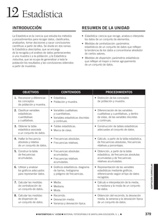 12 Estadística
 INTRODUCCIÓN                                                  RESUMEN DE LA UNIDAD
 La Estadística es la ciencia que estudia los métodos          • Estadística: ciencia que recoge, analiza e interpreta
 y procedimientos para recoger datos, clasificarlos,             los datos de un conjunto de elementos.
 analizarlos, tomar decisiones y sacar conclusiones            • Medidas de centralización: parámetros
 científicas a partir de ellos. Se divide en dos ramas:          estadísticos de un conjunto de datos que reflejan
 la Estadística descriptiva, que se encarga                      la tendencia de los datos a concentrarse alrededor
 de la recogida y el análisis de datos pertenecientes            de ciertos valores.
 a una muestra o a la población, y la Estadística
                                                               • Medidas de dispersión: parámetros estadísticos
 inductiva, que se ocupa de generalizar a toda la
                                                                 que reflejan el mayor o menor agrupamiento
 población los resultados y las conclusiones obtenidos
                                                                 de un conjunto de datos.
 a partir de muestras.




          OBJETIVOS                         CONTENIDOS                               PROCEDIMIENTOS
  1. Reconocer y diferenciar      • Estadística.                           • Distinción de los conceptos
     los conceptos                • Población y muestra.                     de población y muestra.
     de población y muestra.

  2. Clasificar variables         • Variables cualitativas                 • Diferenciación de las variables
     estadísticas:                  y cuantitativas.                         cualitativas y cuantitativas, y dentro
     cuantitativas                • Variables estadísticas discretas         de estas, de las variables discretas
     y cualitativas.                y continuas.                             y continuas.

  3. Obtener la tabla             • Tablas estadísticas.                   • Construcción de tablas estadísticas
     estadística asociada         • Marca de clase.                          adecuadas al conjunto de datos.
     a un conjunto de datos.

  4. Hallar la frecuencia         • Frecuencias absolutas.                 • Cálculo, a partir de la tabla estadística,
     absoluta y relativa          • Frecuencias relativas.                   de frecuencias absolutas, frecuencias
     de un conjunto de datos.                                                relativas y porcentajes.

  5. Construir la tabla           • Frecuencias absolutas                  • Obtención, a partir de la tabla
     de frecuencias                 acumuladas.                              estadística, de frecuencias absolutas
     acumuladas.                  • Frecuencias relativas                    acumuladas y de frecuencias
                                    acumuladas.                              relativas acumuladas.
                                                                                                                            ADAPTACIÓN CURRICULAR




  6. Utilizar y analizar          • Gráficos estadísticos: diagrama        • Representación de las variables
     los gráficos adecuados         de barras, histograma                    estadísticas mediante gráficos,
     para representar datos.        y polígono de frecuencias.               diferenciando según el tipo de datos
                                                                             recogidos.
  7. Calcular las medidas         • Media.                                 • Cálculo e interpretación de la media,
     de centralización de         • Mediana.                                 la mediana y la moda de un conjunto
     un conjunto de datos.        • Moda.                                    de datos.

  8. Calcular las medidas         • Recorrido.                             • Obtención del recorrido, la desviación
     de dispersión de             • Desviación media.                        media, la varianza y la desviación típica
     un conjunto de datos.        • Varianza y desviación típica.            de un conjunto de datos.



                     ࡯ MATEMÁTICAS 4.° A ESO ࡯ MATERIAL FOTOCOPIABLE © SANTILLANA EDUCACIÓN, S. L. ࡯                      379
 