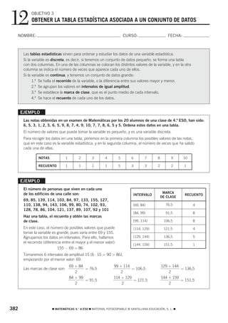 12          OBJETIVO 3
            OBTENER LA TABLA ESTADÍSTICA ASOCIADA A UN CONJUNTO DE DATOS

  NOMBRE:                                                               CURSO:                     FECHA:



       Las tablas estadísticas sirven para ordenar y estudiar los datos de una variable estadística.
       Si la variable es discreta, es decir, si tenemos un conjunto de datos pequeño, se forma una tabla
       con dos columnas. En una de las columnas se colocan los distintos valores de la variable, y en la otra
       columna se indica el número de veces que aparece cada uno de ellos.
       Si la variable es continua, y tenemos un conjunto de datos grande:
             1.º Se halla el recorrido de la variable, o la diferencia entre sus valores mayor y menor.
             2.º Se agrupan los valores en intervalos de igual amplitud.
             3.º Se establece la marca de clase, que es el punto medio de cada intervalo.
             4.º Se hace el recuento de cada uno de los datos.


      EJEMPLO
       Las notas obtenidas en un examen de Matemáticas por los 20 alumnos de una clase de 4.º ESO, han sido:
       6, 5, 3, 1, 2, 5, 6, 5, 9, 8, 7, 4, 9, 10, 7, 7, 8, 6, 5 y 5. Ordena estos datos en una tabla.
       El número de valores que puede tomar la variable es pequeño, y es una variable discreta.
       Para recoger los datos en una tabla, ponemos en la primera columna los posibles valores de las notas,
       que en este caso es la variable estadística, y en la segunda columna, el número de veces que ha salido
       cada una de ellas.

                NOTAS             1       2       3       4         5      6        7       8        9      10

                RECUENTO          1       1       1       1         5      3        3       2        2      1



      EJEMPLO
       El número de personas que viven en cada uno
       de los edificios de una calle son:                                                        MARCA
                                                                             INTERVALO                      RECUENTO
                                                                                                DE CLASE
       69, 85, 139, 114, 103, 84, 97, 133, 155, 127,
       110, 138, 94, 143, 106, 99, 80, 74, 102, 93,                          [69, 84)             76,5           4
       128, 78, 86, 104, 121, 137, 89, 107, 92 y 101
                                                                             [84, 99)             91,5           8
       Haz una tabla, el recuento y obtén las marcas
       de clase.                                                             [99, 114)           106,5           8
       En este caso, el número de posibles valores que puede                 [114, 129)          121,5           4
       tomar la variable es grande, pues varía entre 69 y 155.
       Agrupamos los datos en intervalos. Para ello, hallamos                [129, 144)          136,5           5
       el recorrido (diferencia entre el mayor y el menor valor):
                                                                             [144, 159)          151,5           1
                             155 − 69 = 86
       Tomaremos 6 intervalos de amplitud 15 (6 ⋅ 15 = 90 > 86),
       empezando por el menor valor: 69.
                                      69 + 84                   99 + 114                        129 + 144
       Las marcas de clase son:               = 76,5                     = 106,5                          = 136,5
                                         2                          2                               2
                                      84 + 99                   114 + 129                       144 + 159
                                              = 91,5                      = 121,5                         = 151,5
                                         2                          2                               2




382                      ࡯ MATEMÁTICAS 4.° A ESO ࡯ MATERIAL FOTOCOPIABLE © SANTILLANA EDUCACIÓN, S. L. ࡯
 