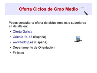 Oferta Ciclos de Grao Medio
Podes consultar a oferta de ciclos medios e superiores
en detalle en:
● Oferta Galicia
● Orienta 14-15 (España)
● www.todofp.es (España)
● Departamento de Orientación
● Folletos
 