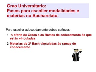 Grao Universitario:
Pasos para escoller modalidades e
materias no Bacharelato.
Para escoller adecuadamente debes coñecer:
1. A oferta de Graos e as Ramas de coñecemento ás que
están vinculadas
2.Materias de 2º Bach vinculadas ás ramas de
coñecemento
 