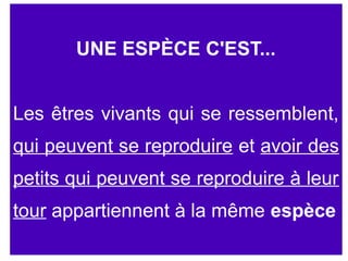 UNE ESPÈCE C'EST...
Les êtres vivants qui se ressemblent,
qui peuvent se reproduire et avoir des
petits qui peuvent se reproduire à leur
tour appartiennent à la même espèce

 