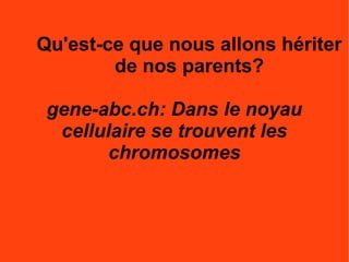 Qu'est-ce que nous allons hériter
de nos parents?
gene-abc.ch: Dans le noyau
cellulaire se trouvent les
chromosomes

 