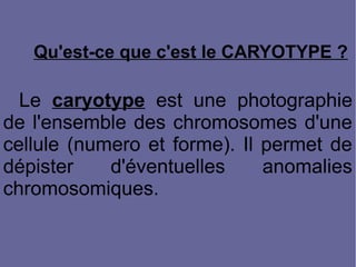 Qu'est-ce que c'est le CARYOTYPE ?

Le caryotype est une photographie
de l'ensemble des chromosomes d'une
cellule (numero et forme). Il permet de
dépister
d'éventuelles
anomalies
chromosomiques.

 
