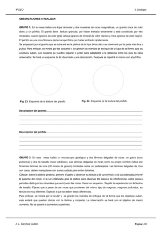4º ESO                                                                                                                                                                      I) Geología


   OBSERVACIONES A REALIZAR


   GRUPO 1: En la mesa habrá una lupa binocular y dos muestras de rocas magmáticas, un granito (roca de color
   claro) y un pórfido. El granito tiene textura granuda, por haber enfriado lentamente y está constituído por tres
   minerales: cuarzo (granos de color gris), ortosa (granos de mineral de color blanco) y mica (granos de color negro).
   El pórfido es una roca filoniana de textura porfídica por haber enfriado rápidamente.
   Se empezará por el granito que se colocará en la platina de la lupa binocular y se observará por la parte más lisa y
   pulida. Para enfocar, se mirará por los oculares y se girarán los mandos de enfoque de la lupa de tal forma que los
   objetivos suban. Los oculares se pueden separar o juntar para adaptarlos a la distancia entre los ojos de cada
   observador. Se hará un esquema de lo observado y una descripción. Después se repetirá lo mismo con el pórfido.




    Fig. 23 Esquema de la textura del granito.                                                 Fig. 24 Esquema de la textura del pórfido.


   Descripción del granito:.............................................................................................................................................
   .....................................................................................................................................................................................
   .....................................................................................................................................................................................
   .....................................................................................................................................................................................


   Descripción del pórfido.............................................................................................................................................
   .....................................................................................................................................................................................
   .....................................................................................................................................................................................
   .....................................................................................................................................................................................
   .....................................................................................................................................................................................


   GRUPO 2: En esta mesa habrá un microscopio geológico y dos láminas delgadas de rocas: un gabro (roca
   plutónica) y otra de basalto (roca volcánica). Las láminas delgadas de rocas como su propio nombre indica son
   finísimas láminas de roca (30 micras de grosor) montadas sobre un portaobjetos. Las láminas delgadas de roca
   son caras, deben manipularse con sumo cuidado para evitar dañarlas.
   Colocar, sobre la platina giratoria, primero el gabro y observar su textura a la luz normal y a la luz polarizada (mover
   la palanca del nícol). A la luz polarizada girar la platina para observar los colores de interferencia, estos colores
   permiten distinguir los minerales que componen las rocas. Hacer un esquema. Repetir la experiencia con la lámina
   de basalto. Fijarse que a pesar de ser rocas que provienen del mismo tipo de magmas, magmas profundos, su
   textura es muy diferente. Explicar a qué se deben estas diferencias.
   Para enfocar, se mirará por el ocular y se girarán los mandos de enfoque de tal forma que los objetivos suban,
   esto evitará que puedan chocar con la lámina y romperla. La observación se hará con el objetivo de menor
   aumento. No se pasará a aumentos superiores.




J. L. Sánchez Guillén                                                                                                                                                        Página I-10
 
