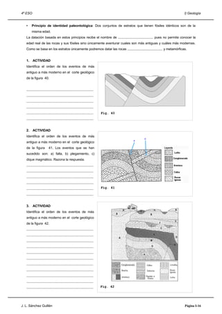 4º ESO                                                                                                                   I) Geología


   •    Principio de identidad paleontológica: Dos conjuntos de estratos que tienen fósiles idénticos son de la
        misma edad.
   La datación basada en estos principios recibe el nombre de ....................................... pues no permite conocer la
   edad real de las rocas y sus fósiles sino únicamente aventurar cuales son más antiguas y cuáles más modernas.
   Como se basa en los estratos únicamente podremos datar las rocas ....................................... y metamórficas.


   1.    ACTIVIDAD
   Identifica el orden de los eventos de más
   antiguo a más moderno en el corte geológico
   de la figura 40.


   ........................................................................
   ........................................................................
   ........................................................................
   ........................................................................
   ........................................................................   Fig. 40
   ........................................................................


   2.    ACTIVIDAD
   Identifica el orden de los eventos de más
                                                                                            C
                                                                                        a
   antiguo a más moderno en el corte geológico
   de la figura           41. Los eventos que se han
   sucedido son: a) falla, b) plegamiento, c)
   dique magmático. Razona la respuesta.
   ........................................................................
   ........................................................................
   ........................................................................
   ........................................................................
   ........................................................................   Fig. 41

   ........................................................................


   3.    ACTIVIDAD
   Identifica el orden de los eventos de más
   antiguo a más moderno en el corte geológico
   de la figura 42.
   ........................................................................
   ........................................................................
   ........................................................................
   ........................................................................
   ........................................................................
   ........................................................................
   ........................................................................
   ........................................................................
   ........................................................................
   ........................................................................
   ........................................................................   Fig. 42




J. L. Sánchez Guillén                                                                                                    Página I-16
 