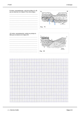 4º ESO                                                                                                      I) Geología



   9) Indica, razonadamente, cuál de las fallas (A o B)
   que se observan en la figura 79 es más antigua.
   ....................................................................................
   ....................................................................................
   ....................................................................................
   ....................................................................................
   ....................................................................................
                                                                                                    A
   ....................................................................................                 B

   ....................................................................................   Fig. 79
   ....................................................................................


   10) Indica, razonadamente, cuándo se produjo la
   falla que se observa en la figura 80.
   ...................................................................................
   ...................................................................................
   ...................................................................................
   ...................................................................................
   ...................................................................................
   ...................................................................................
   ...................................................................................
   ...................................................................................    Fig. 80




J. L. Sánchez Guillén                                                                                       Página I-32
 