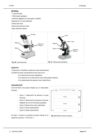 4º ESO                                                                                                              I) Geología


   MATERIAL
   -1 Lupa binocular.
   -1 Microscopio geológico
   -2 láminas delgadas de rocas (gabro y basalto)
   -Muestras de 15 rocas diferentes
   -Vidrios para rayar.
   -Clavos para rayar las rocas.
   -Ácido clorhídrico diluido.



                                    Oculares
                                                                                         Ocular




                                                                                                    Nicol
         Objetivos
                                               Mando de                Objetivos
                                               enfoque

         Platina                                                       Platina
                                                                                                         Mando de
                                                                                                         enfoque




    Fig. 20 Lupa binocular.                                     Fig. 21 Microscopio geológico.


   OBJETIVO
   1) Reconocer e identificar muestras de rocas del laboratorio.
   2) Observar ciertas características de las rocas como:
               a) La textura de las rocas magmáticas.
               b) La reacción con el ácido de las rocas carbonatadas (calizas).
               c) La esquistosidad de algunas rocas metamórficas.


   ORGANIZACIÓN
   A) Se formarán cinco grupos dirigidos por un responsable
   de grupo.                                                              Grupo 1                   Grupo 2




               –   Grupo 1: Observación de texturas a la lupa
                                                                                       Grupo 3
                   binocular.
               –   Grupo 2: Observación de texturas en láminas
                   delgadas de roca al microscopio geológico.
                                                                                       Grupo 4
               –   Grupo 3: Mesa de las rocas magmáticas.
               –   Grupo 4: Rocas sedimentarias.
               –   Grupo 5: Rocas metamórficas.                                        Grupo 5



   B) Cada 7 minutos se cambiará de grupo rotando en la             Fig. 22 Rotación entre los grupos.
   siguiente secuencia: 1>2>3>4>5>1...




J. L. Sánchez Guillén                                                                                                Página I-9
 