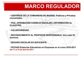 MARCO REGULADOR CENTRROS DE LA COMUNIDAD DE MADRID: Públicos y Privados concertados. PGA, APROBACIÓN CONSEJO ESCOLAR e INFORMACIÓN AL CLAUSTRO. VOLUNTARIEDAD. RECONOCIMIENTO AL PROFESOR RESPONSABLE. Uno cada 25 alumnos. SEGURO ESCOLAR ES SUFICIENTE. FECHAS Estancias Educativas en Empresas en el curso 2010-2011  del 11 al 14 de abril de 2011. 
