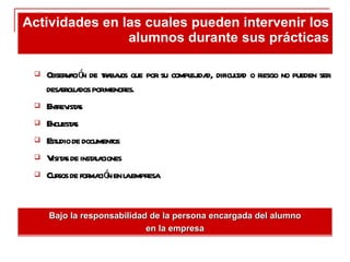Observación de trabajos que por su complejidad, dificultad o riesgo no pueden ser desarrollados por menores. Entrevistas Encuestas Estudio de documentos Visitas de instalaciones Cursos de formación en la empresa Actividades en las cuales pueden intervenir los alumnos durante sus prácticas Bajo la responsabilidad de la persona encargada del alumno en la empresa 
