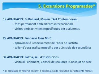 5. Excursions Programades* 
1a AVALUACIÓ: Es Baluard, Museu d’Art Contemporani 
- fons permanent amb artistes internacionals 
- visites amb activitats específiques per a alumnes 
2a AVALUACIÓ: Fundació Joan Miró 
- aproximació i coneixement de l’obra de l’artista 
- taller d’obra gràfica específic per a 2n cicle de secundària 
3a AVALUACIÓ: Palma, seu d’Institucions 
- visita al Parlament, Consell de Mallorca i Consolat de Mar 
* El professor es reserva el canvi o cancel.lació de l’excursió per diferents motius 
 