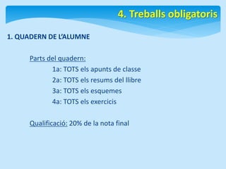 1. QUADERN DE L’ALUMNE 
Parts del quadern: 
4. Treballs obligatoris 
1a: TOTS els apunts de classe 
2a: TOTS els resums del llibre 
3a: TOTS els esquemes 
4a: TOTS els exercicis 
Qualificació: 20% de la nota final 
 