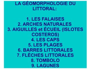 LA GÉOMORPHOLOGIE DU
LITTORAL:
1. LES FALAISES
2. ARCHES NATURALES
3. AIGUILLES et ÉCUEIL (ISLOTES
COSTEROS)
4. LES CAPS
5. LES PLAGES
6. BARRES LITTORALES
7. FLÈCHES LITTORALES
8. TOMBOLO
9. LAGUNES

 