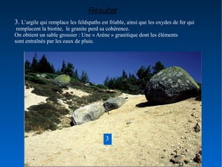Résultat
3. L’argile qui remplace les feldspaths est friable, ainsi que les oxydes de fer qui
remplacent la biotite, le granite perd sa cohérence.
On obtient un sable grossier : Une « Arène » granitique dont les éléments
sont entraînés par les eaux de pluie.

3

 