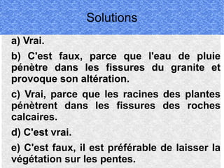Solutions
a) Vrai.
b) C'est faux, parce que l'eau de pluie
pénètre dans les fissures du granite et
provoque son altération.
c) Vrai, parce que les racines des plantes
pénètrent dans les fissures des roches
calcaires.
d) C'est vrai.
e) C'est faux, il est préférable de laisser la
végétation sur les pentes.

 