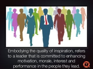 Text 
Embodying the quality of inspiration, refers 
to a leader that is committed to enhancing 
motivation, morale, interest and 
performance in the people they lead. 
 
