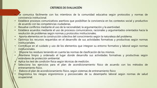 CRITERIOS DE EVALUACIÓN
• Se comunica fácilmente con los miembros de la comunidad educativa según protocolos y normas de
convivencia institucional.
• Establece procesos comunicativos asertivos que posibilitan la convivencia en los contextos social y productivo
de acuerdo con las competencias ciudadanas.
• Resuelve conflictos mediante el uso de la racionalidad, la argumentación y la asertividad.
• Establece acuerdos mediante el uso de procesos comunicativos, racionales y argumentados orientados hacia la
resolución de problemas según normas y protocolos institucionales.
• Aporta elementos en la construcción colectiva del conocimiento según la naturaleza del problema.
• Optimiza los recursos requeridos en el desarrollo de sus actividades formativas y productivas según normas
institucionales.
• Contribuye en el cuidado y uso de los elementos que integran su entorno formativo y laboral según normas
institucionales.
• Dispone los residuos teniendo en cuenta las normas de clasificación de los mismos.
• Mantiene limpio y ordenado el lugar donde desarrolla sus actividades formativas y productivas según
estándares de protección ambiental.
• Aplica los test de condición física según técnicas de medición.
• Selecciona los ejercicios para el plan de acondicionamiento físico de acuerdo con los métodos de
entrenamiento físico.
• Elabora el plan de acondicionamiento físico, según sistemas de entrenamiento físico
• Diagnóstica los riesgos ergonómicos y psicosociales de su desempeño laboral según normas de salud
ocupacional.
 