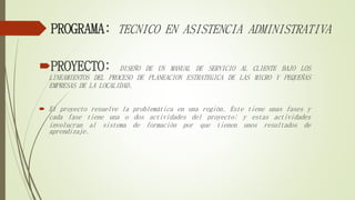 PROGRAMA: TECNICO EN ASISTENCIA ADMINISTRATIVA
PROYECTO: DISEÑO DE UN MANUAL DE SERVICIO AL CLIENTE BAJO LOS
LINEAMIENTOS DEL PROCESO DE PLANEACION ESTRATEGICA DE LAS MICRO Y PEQUEÑAS
EMPRESAS DE LA LOCALIDAD.
 El proyecto resuelve la problemática en una región. Este tiene unas fases y
cada fase tiene una o dos actividades del proyecto; y estas actividades
involucran al sistema de formación por que tienen unos resultados de
aprendizaje.
 