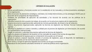 CRITERIOS DE EVALUACIÓN
• Ejecuta procedimientos y funciones acorde con lo establecido en los manuales y el direccionamiento estratégico
de la organización.
• Aplica el proceso de planeación estratégica, orientado a la Unidad Administrativa, en las estrategias FA/DO para el
desarrollo de los programas de mejoramiento.
• Establece las prioridades de ejecución de actividades y los recursos de acuerdo con las políticas de la
organización.
• Identifica la posición de su puesto de trabajo, de acuerdo con la estructura orgánica de la organización.
• Redacta documentos organizacionales aplicando las normas gramaticales, de sintaxis y las de redacción.
• Elabora documentos organizacionales, aplicando las técnicas de digitación; las Normas Técnicas Colombianas
vigentes.
• Identifica la papelería en cuanto a tamaño y calidad para el proceso de digitación y/o transcripción, de acuerdo
con los estándares internacionales.
• Digita con precisión y velocidad documentos aplicando las técnicas de digitación.
• Opera los equipos de digitación de acuerdo con los manuales de usuario y las normas de seguridad.
• Realiza la limpieza de los equipos para su conservación de acuerdo con el manual.
• Adopta la postura corporal requerida, durante el proceso de digitación, para el desarrollo de habilidades y
destrezas, de acuerdo con las normas de salud ocupacional.
• Auto-revisa y corrige los ejercicios digitados de acuerdo con la guía suministrada.
• Reproduce los documentos solicitados teniendo en cuenta las políticas de la organización.
 