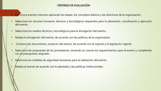 CRITERIOS DE EVALUACIÓN
• Estructura eventos menores aplicando las etapas, los conceptos básicos y las directrices de la organización.
• Selecciona los recursos humanos, técnicos y tecnológicos requeridos para la planeación, coordinación y ejecución
del evento.
• Selecciona los medios técnicos y tecnológicos para la divulgación del evento.
• Realiza la divulgación del evento, de acuerdo con las políticas de la organización.
• Conserva los documentos, producto del evento, de acuerdo con el soporte y la legislación vigente.
• Selecciona las propuestas de los proveedores, teniendo en cuenta los requerimientos para el evento y cumpliendo
con el presupuesto asignado.
• Determina las medidas de seguridad necesarias para la realización del evento.
• Realiza el evento de acuerdo con lo planeado y las políticas institucionales.
 