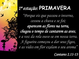 1ª estação: PRIMAVERA
“Porque eis que passou o inverno,
cessou a chuva e se foi;
aparecem as flores na terra,
chegou o tempo de cantarem as aves,
e a voz da rola ouve-se em nossa terra.
A figueira começou a dar seus figos,
e as vides em flor exalam o seu aroma”
Cantares 2.11-13
 