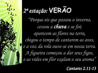 2ª estação: VERÃO
“Porque eis que passou o inverno,
cessou a chuva e se foi;
aparecem as flores na terra,
chegou o tempo de cantarem as aves,
e a voz da rola ouve-se em nossa terra.
A figueira começou a dar seus figos,
e as vides em flor exalam o seu aroma”
Cantares 2.11-13
 