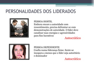 PERSONALIDADES DOS LIDERADOS
PESSOA HOSTIL
Embora encare a autoridade com
ressentimento, precisa defrontar-se com
demonstrações de autoridade. O líder deve
canalizar suas energias e agressividades
para fins lucrativos
Autocrático
PESSOA DEPENDENTE
Confia numa liderança firme. Sente-se
insegura a menos que o líder seja autoritário
e dominador
Autocrático
 