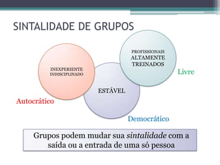 SINTALIDADE DE GRUPOS
ESTÁVEL
INEXPERIENTE
INDISCIPLINADO
PROFISSIONAIS
ALTAMENTE
TREINADOS
Autocrático
Democrático
Livre
Grupos podem mudar sua sintalidade com a
saída ou a entrada de uma só pessoa
 