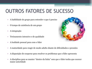 OUTROS FATORES DE SUCESSO
• A habilidade do grupo para entender o que é preciso
• O tempo de existência de um grupo
• A integração
• Treinamento intensivo e de qualidade
• A lealdade pessoal para com o líder
• A maturidade para reagir de modo adulto diante de dificuldades e pressões
• A disposição de cooperar para resolver os problemas que o líder apresenta
• A disciplina para se manter “dentro da linha” sem que o lider tenha que exercer
maior autoridade
 