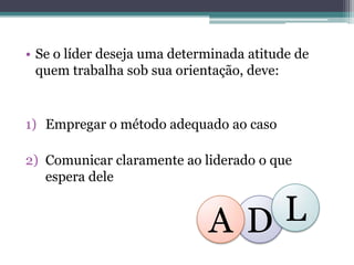 • Se o líder deseja uma determinada atitude de
quem trabalha sob sua orientação, deve:
1) Empregar o método adequado ao caso
2) Comunicar claramente ao liderado o que
espera dele
D LA
 