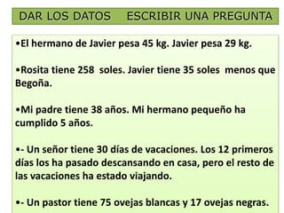 DAR LOS DATOS ESCRIBIR UNA PREGUNTA 
•El hermano de Javier pesa 45 kg. Javier pesa 29 kg. 
•Rosita tiene 258 soles. Javier tiene 35 soles menos que 
Begoña. 
•Mi padre tiene 38 años. Mi hermano pequeño ha 
cumplido 5 años. 
•- Un señor tiene 30 días de vacaciones. Los 12 primeros 
días los ha pasado descansando en casa, pero el resto de 
las vacaciones ha estado viajando. 
•- Un pastor tiene 75 ovejas 17 
blancas y 17 ovejas negras. 
 