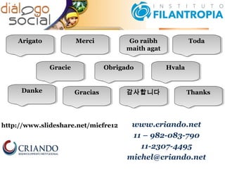 www.criando.net
11 – 982-083-790
11-2307-4495
michel@criando.net
http://www.slideshare.net/micfre12
Go raibh
maith agat
Go raibh
maith agat
ThanksThanks
TodaToda
HvalaHvala
GraciasGracias
ObrigadoObrigado
MerciMerciArigatoArigato
감사합니다감사합니다DankeDanke
GracieGracie
 