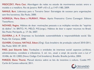 MISOCZKY, Maria Ceci. Abordagem de redes no estudo de movimentos sociais: entre o
modelo e a metáfora. Rio de Janeiro: RAP v.43 n.5, p.1147-1180, 2009.
NANUS, Burt. Liderança para o Terceiro Setor: Estratégias de sucesso para organizações
sem fins lucrativos, São Paulo, 2000.
NORIEGA, Maria Elena e MURRAY, Milton. Apoio Financeiro: Como Conseguir. Editora
TextoNovo.
NOVAES, Regina. Hábitos de doar: motivações pessoais e as múltiplas versões do “espírito
da dádiva”. In: BRITO, M.; MELO, M.E.(orgs.). Hábitos de doar e captar recursos no Brasil,
São Paulo: Peirópolis, p. 17–56, 2007.
OLIVEIRA, J. A. P. Empresas na Sociedade: sustentabilidade e responsabilidade social. São
Paulo: Ed. Campus, 2008.
OLIVIERI, Cristiane; NATALE, Edson.(Org). Guia brasileiro de produção cultural 2010-2011,
São Paulo: SESC SP, 2010.
PAES, José Eduardo Sabo. Fundações e entidades de interesse social: aspectos jurídicos,
administrativos, contábeis e tributários. 5. ed. rev., atual. e ampl. de acordo com a Lei nº
10.406, de 10.1.2002 (Novo Código Civil brasileiro). Brasília: Brasília Jurídica, 2004.
PARIZZI, Elaine Thomé. Manual técnico sobre as leis de incentivo à cultura. Cuiabá MT:
Carlini & Caniato editorial, 2011.
 