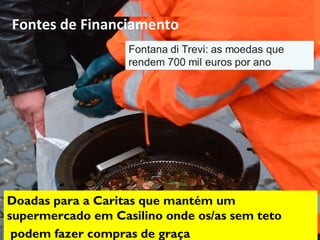Fontes de Financiamento
Doadas para a Caritas que mantém um
supermercado em Casilino onde os/as sem teto
podem fazer compras de graça
 