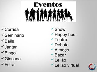 Corrida
Seminário
Baile
Jantar
Bingo
Gincana
Feira
 Show
 Happy hour
 Teatro
 Debate
 Almoço
 Bazar
 Leilão
 Leilão virtual
 