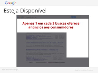 Esteja Disponível
Apenas 1 em cada 3 buscas oferece
anúncios aos consumidores

Fonte: Dados Internos Google

Google Conﬁdential and Proprietary

 